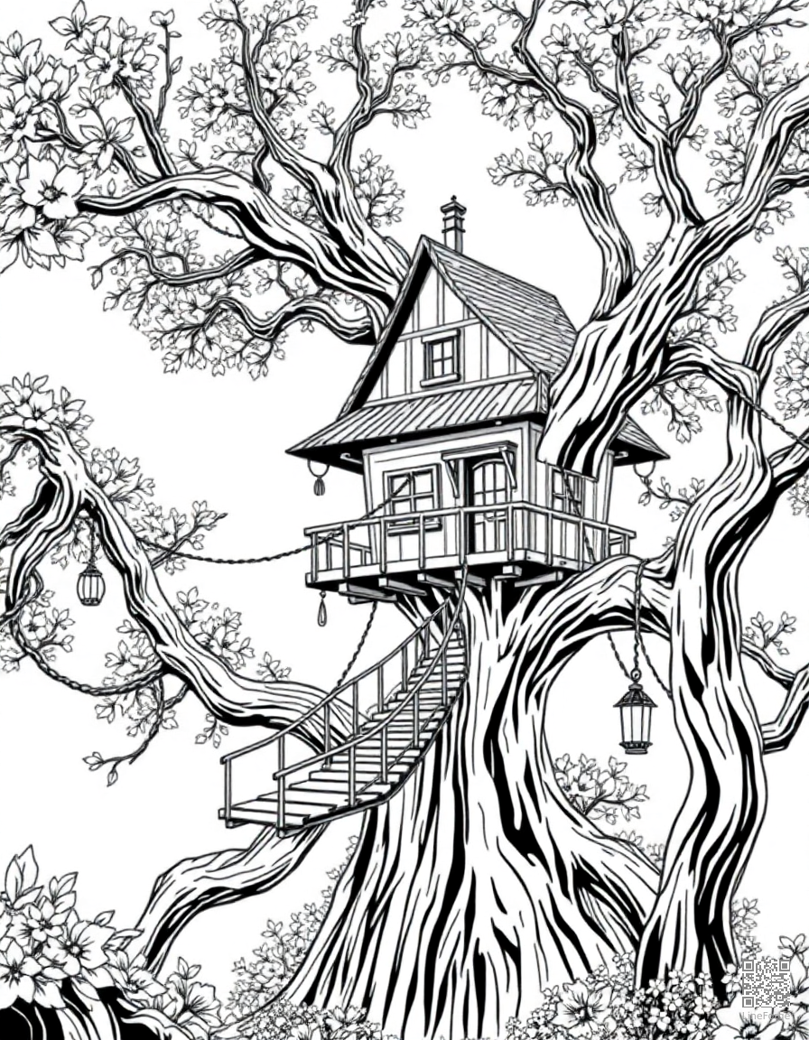 A magical treehouse with rope bridges and lanterns coloring page Manga style - free printable