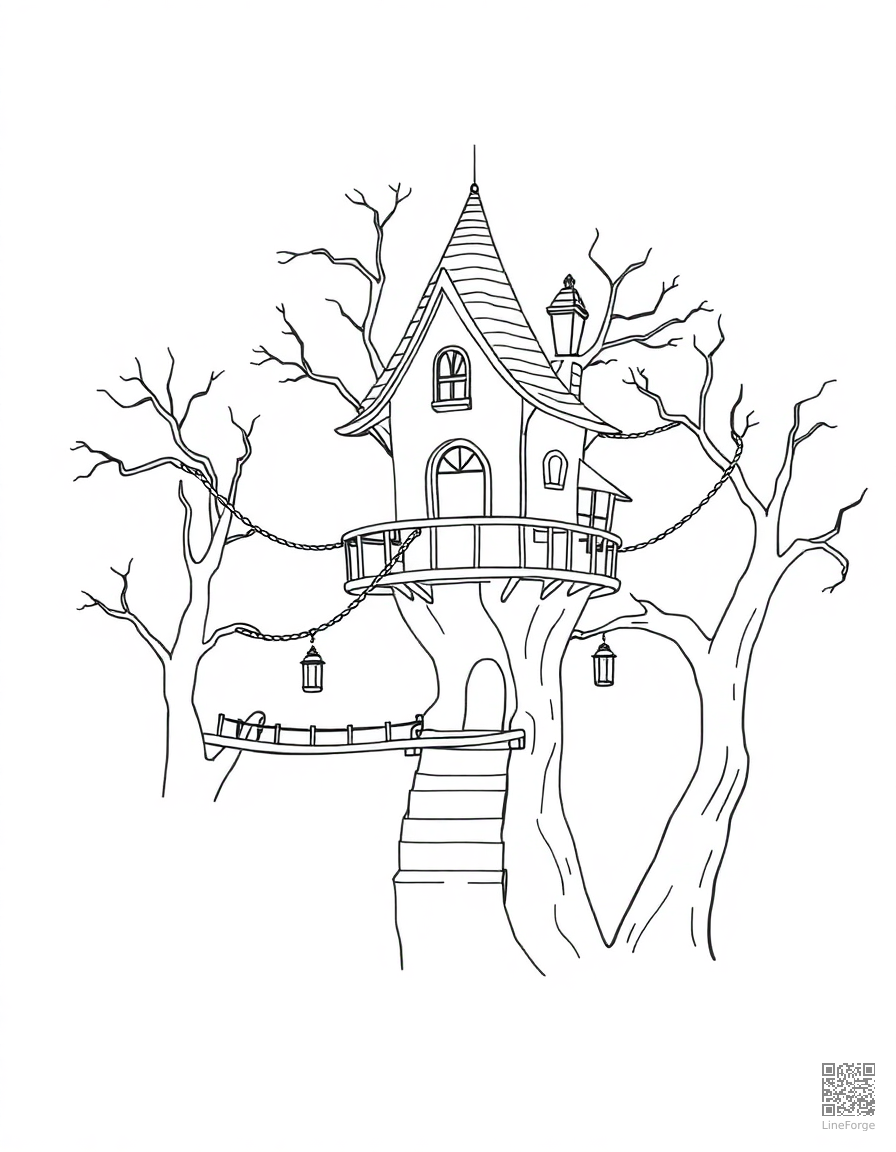 A magical treehouse with rope bridges and lanterns coloring page Minimal style - free printable