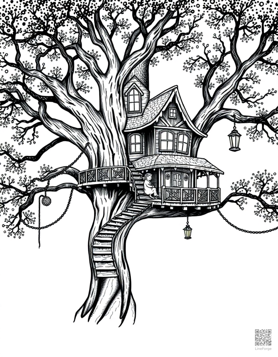 A magical treehouse with rope bridges and lanterns coloring page Stipple style - free printable