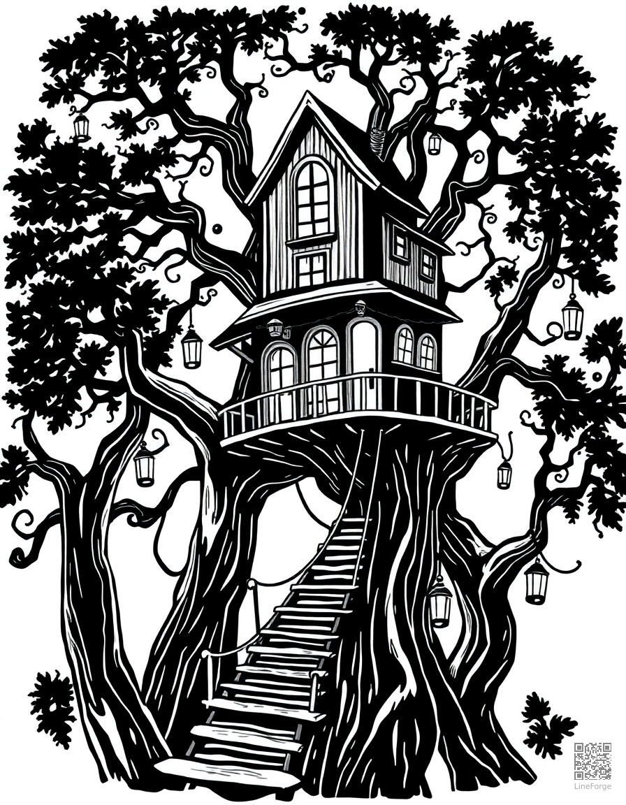 A magical treehouse with rope bridges and lanterns coloring page Woodcut style - free printable