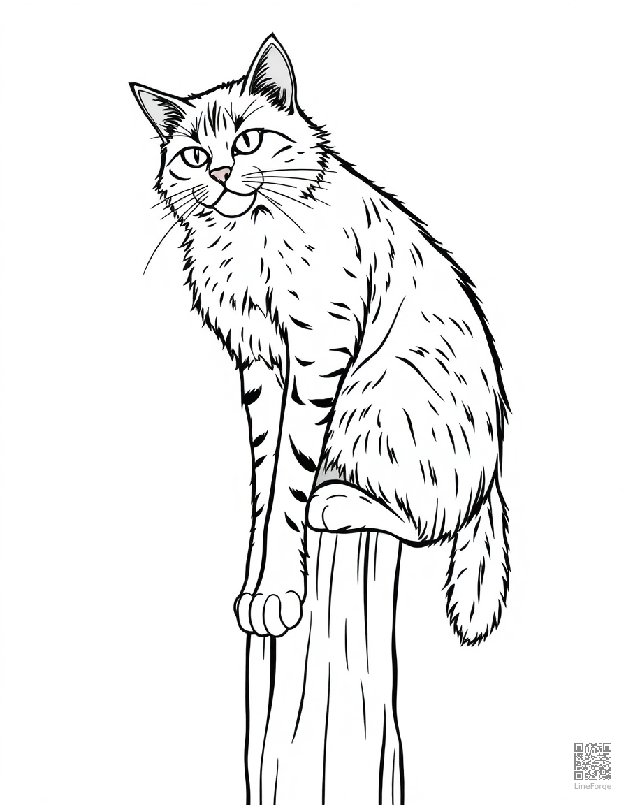 A maine coon cat climbing a tall cat tree coloring page Contour style - free printable