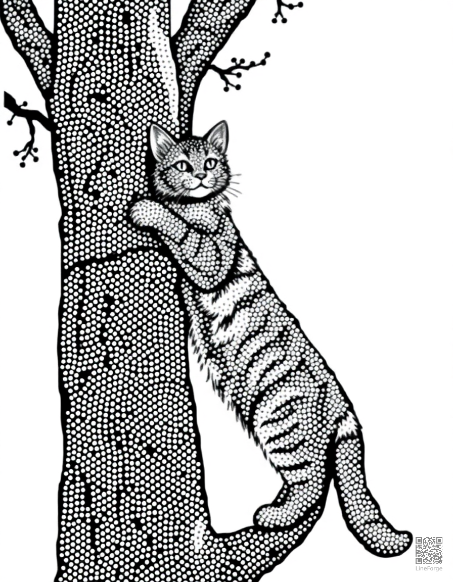 A maine coon cat climbing a tall cat tree coloring page Stipple style - free printable