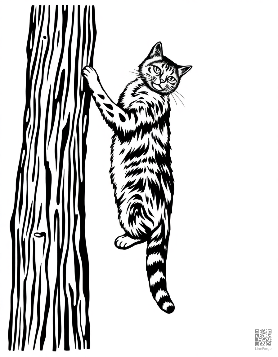 A maine coon cat climbing a tall cat tree coloring page Woodcut style - free printable
