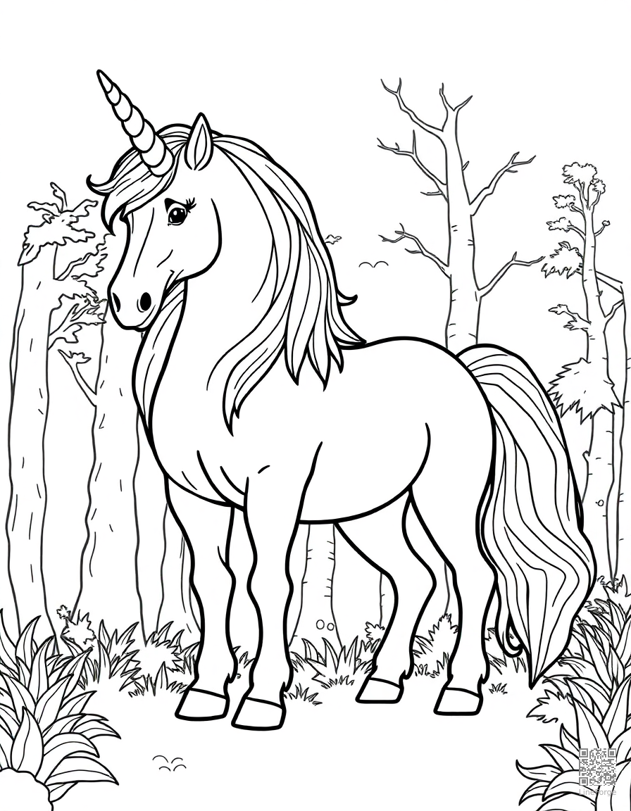 A majestic unicorn standing in an enchanted forest coloring page Contour style - free printable