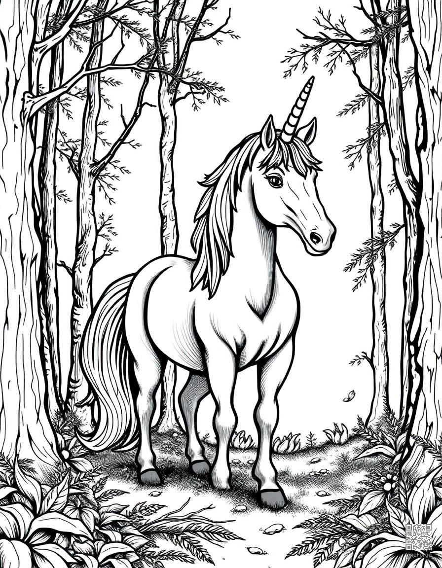 A majestic unicorn standing in an enchanted forest coloring page Crosshatch style - free printable