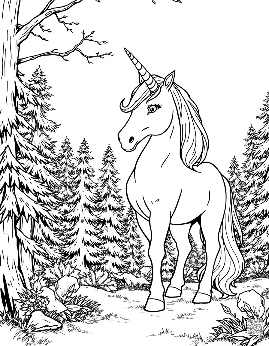 A majestic unicorn standing in an enchanted forest coloring page Manga style - free printable