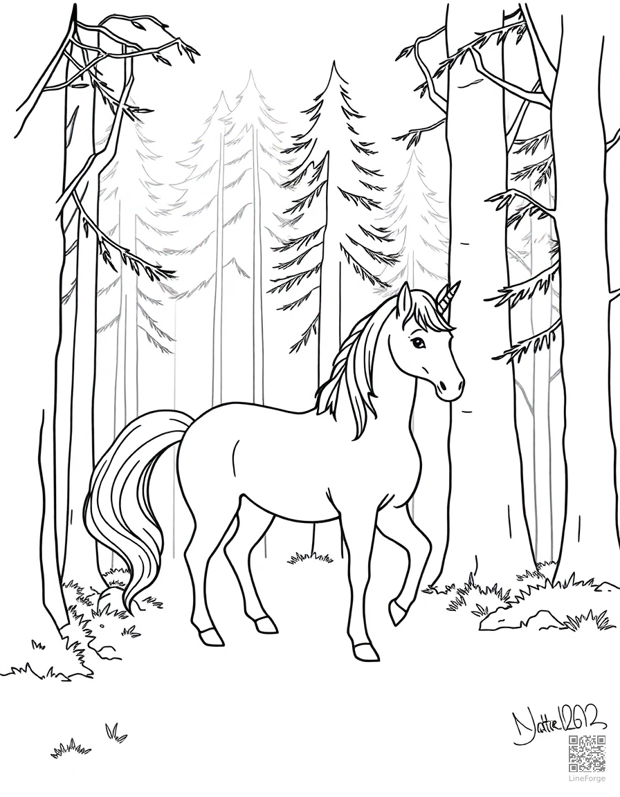 A majestic unicorn standing in an enchanted forest coloring page Minimal style - free printable