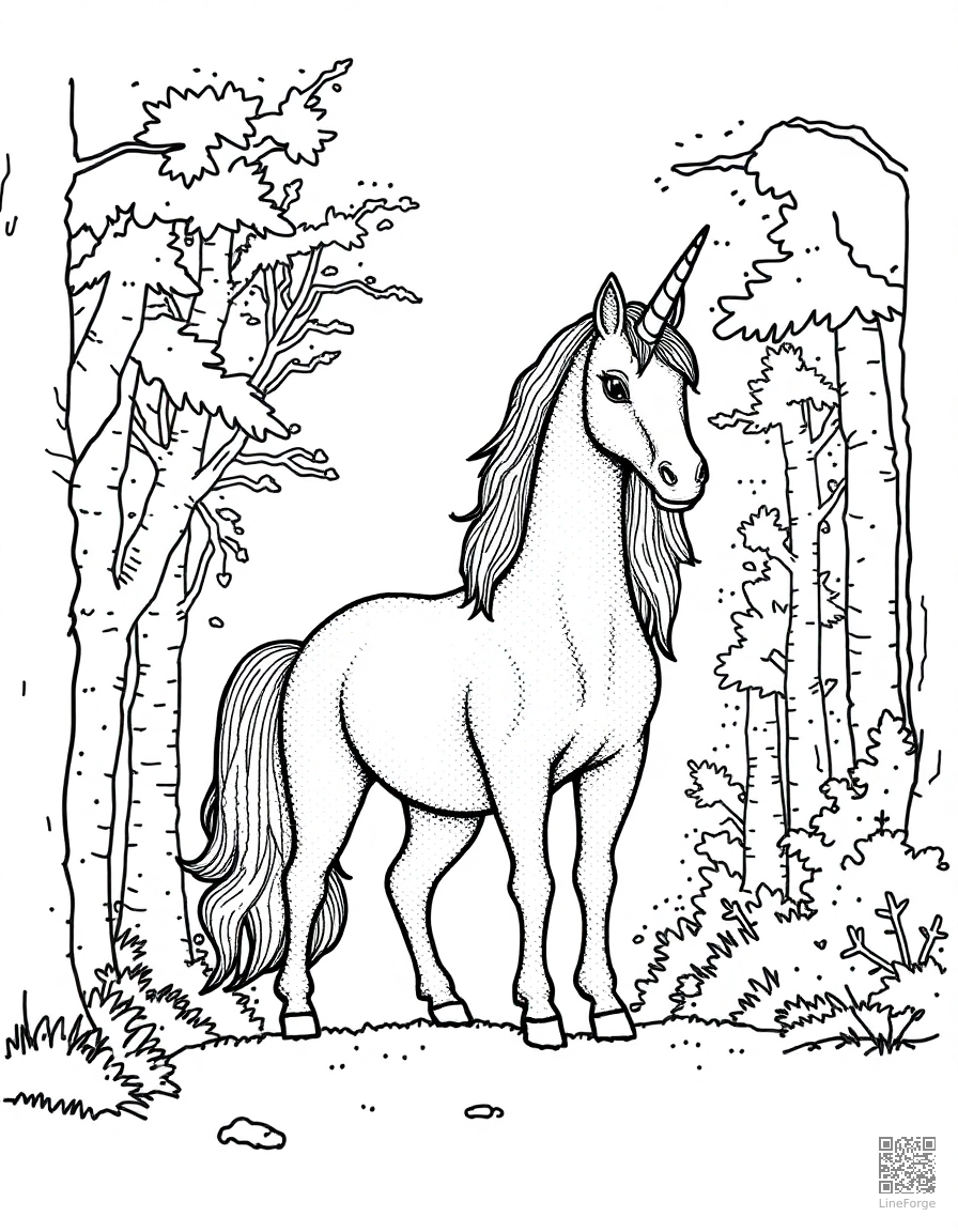 A majestic unicorn standing in an enchanted forest coloring page Stipple style - free printable