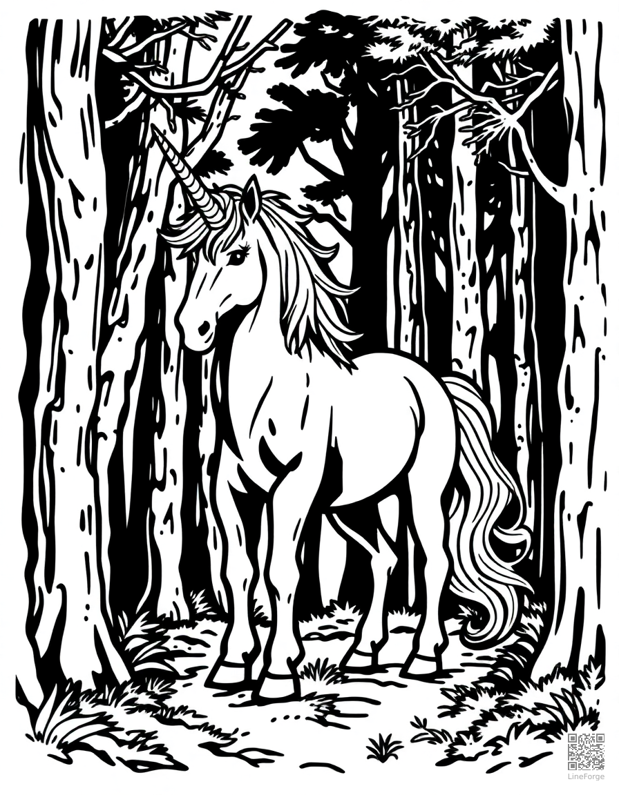A majestic unicorn standing in an enchanted forest coloring page Woodcut style - free printable