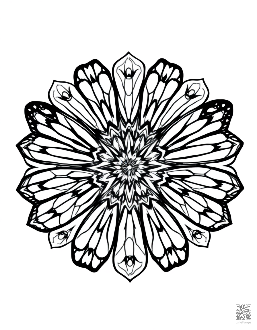 A mandala with butterfly wing patterns coloring page Manga style - free printable
