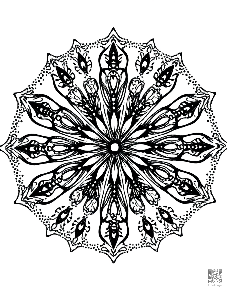 A mandala with butterfly wing patterns coloring page Stipple style - free printable