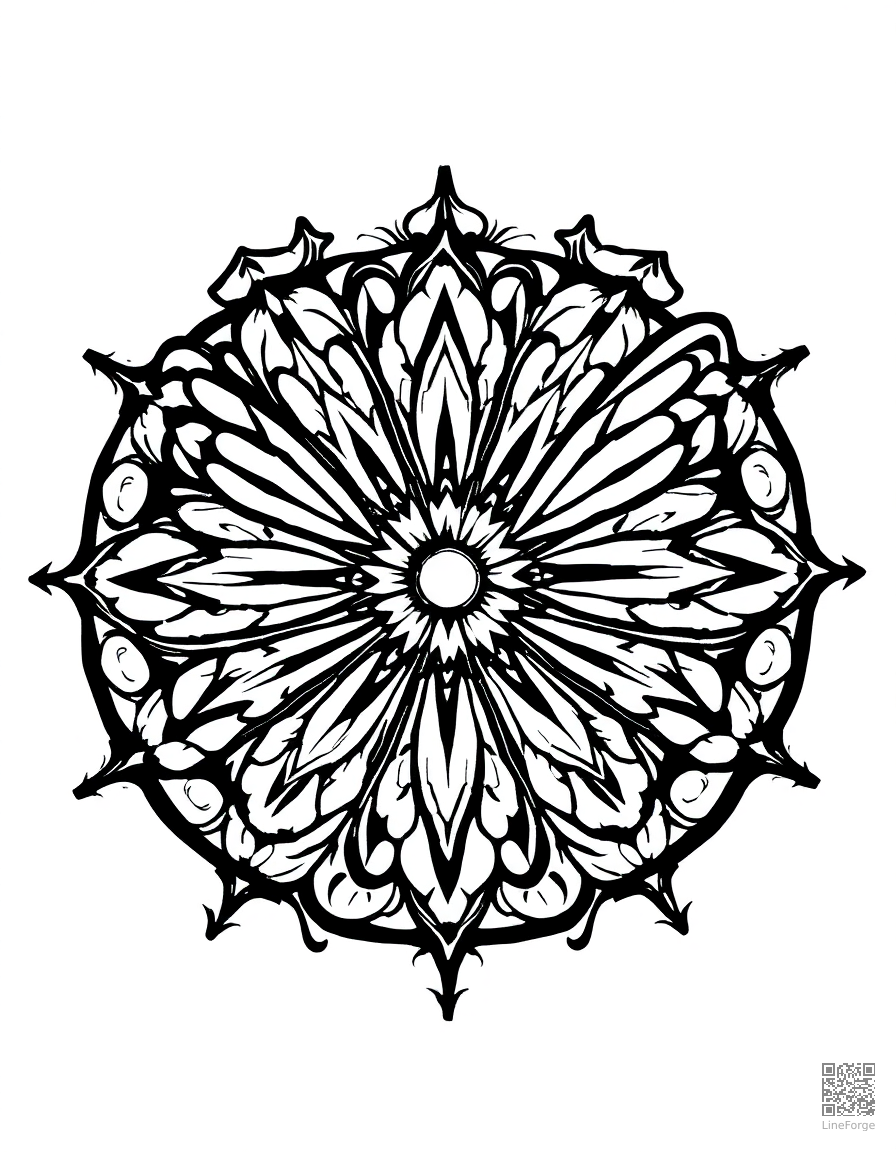 A mandala with butterfly wing patterns coloring page Woodcut style - free printable