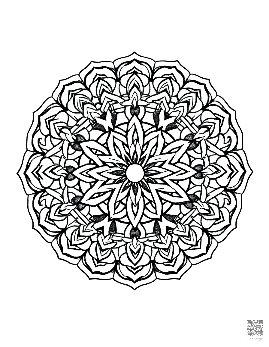 A mandala with Celtic knot interlocking designs coloring page Crosshatch style free printable