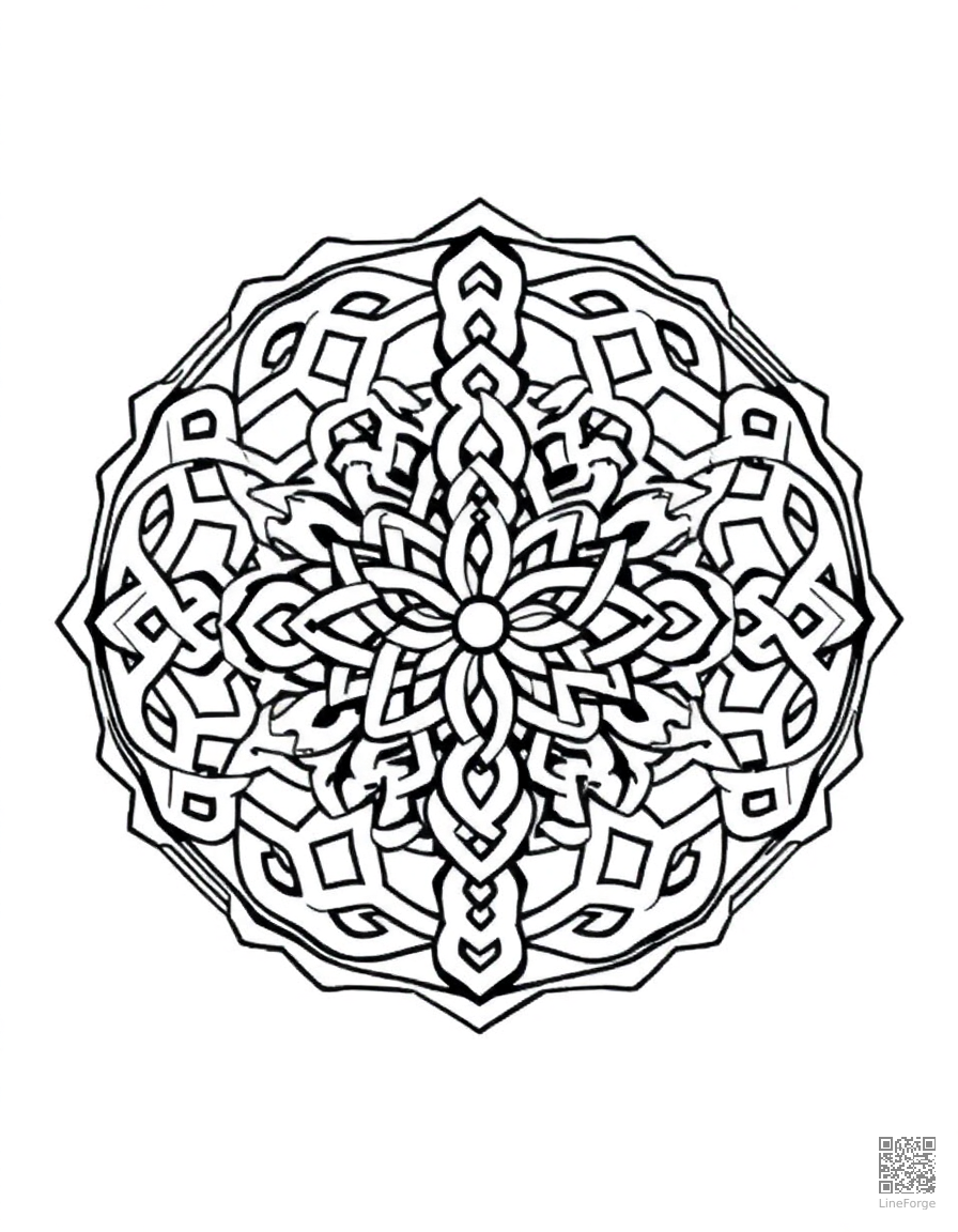 A mandala with Celtic knot interlocking designs coloring page Manga style free printable