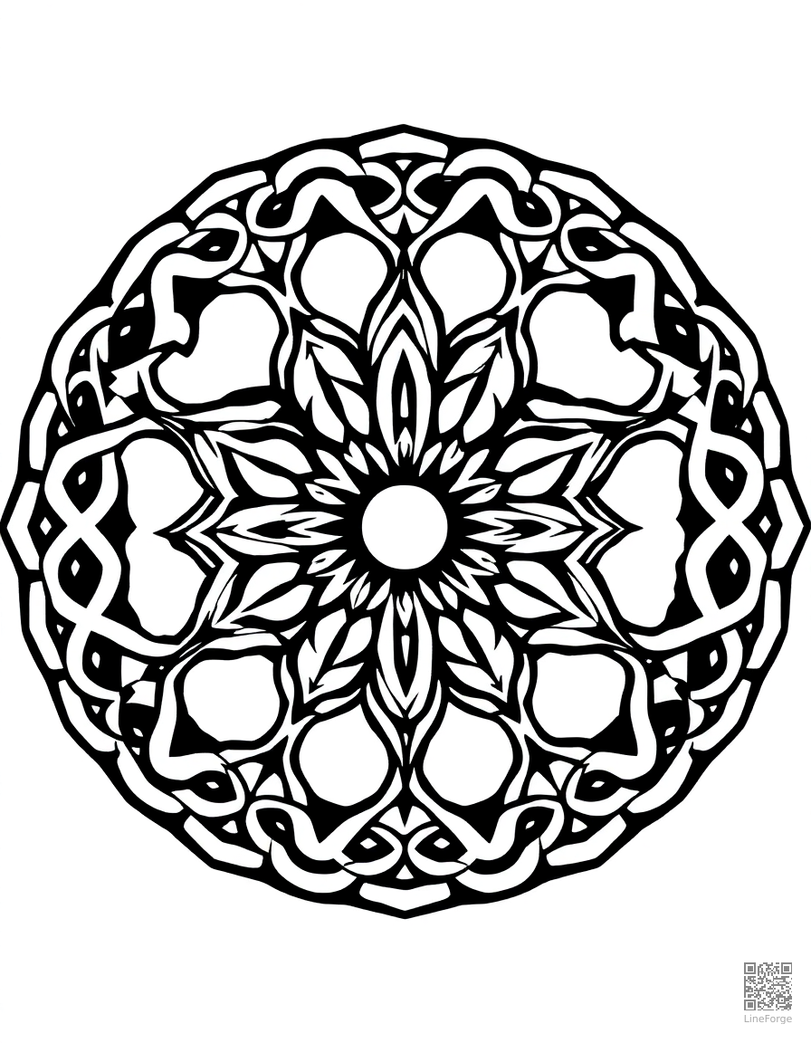 A mandala with Celtic knot interlocking designs coloring page Woodcut style free printable