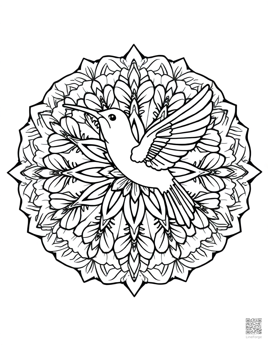 Free a mandala with hummingbird and flower motifs coloring page in contour style — printable line art