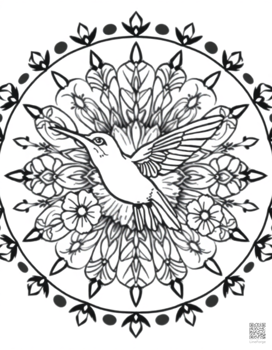 A mandala with hummingbird and flower motifs coloring page Contour style - free printable
