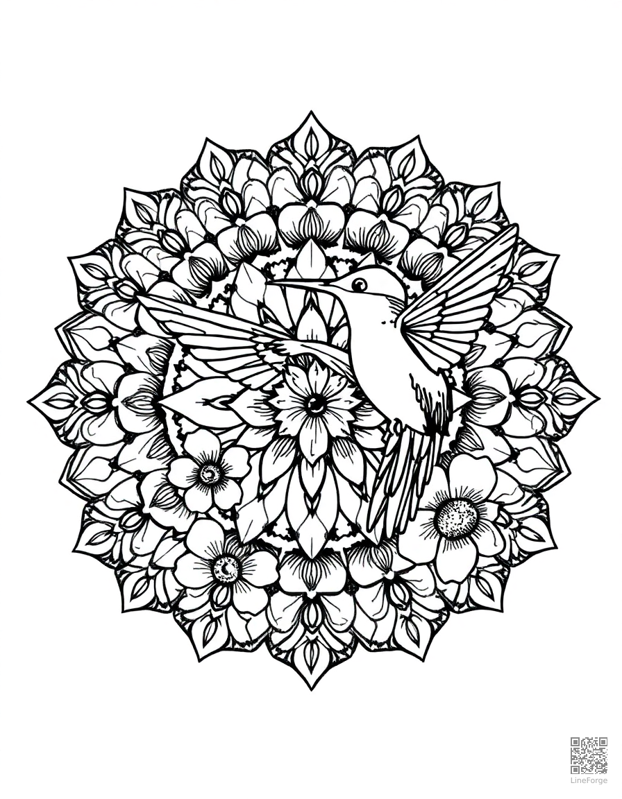 A mandala with hummingbird and flower motifs coloring page Crosshatch style - free printable