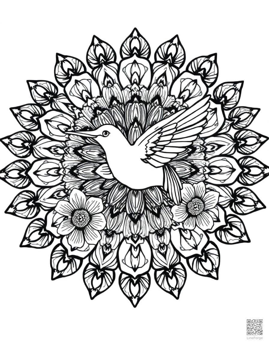 A mandala with hummingbird and flower motifs coloring page Crosshatch style - free printable