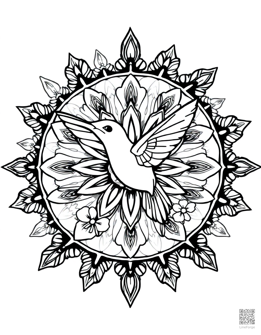 A mandala with hummingbird and flower motifs coloring page Manga style - free printable