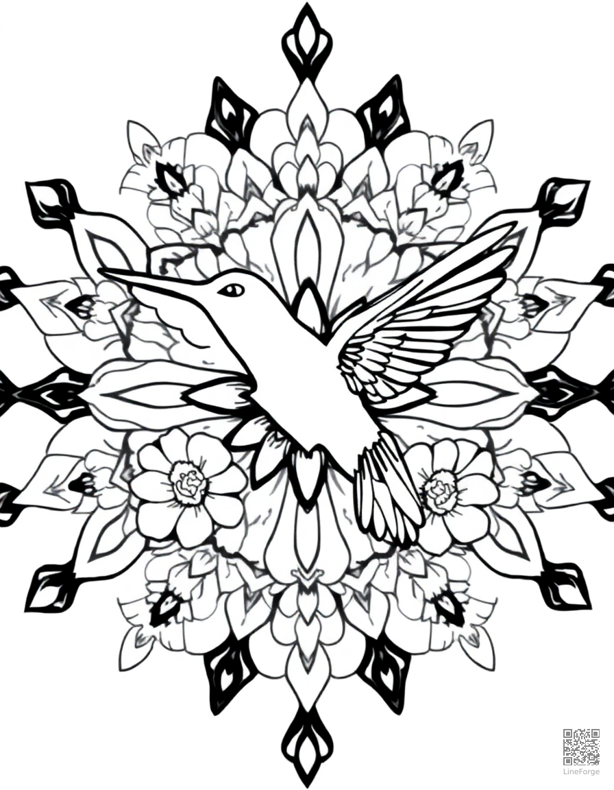 A mandala with hummingbird and flower motifs coloring page Manga style - free printable