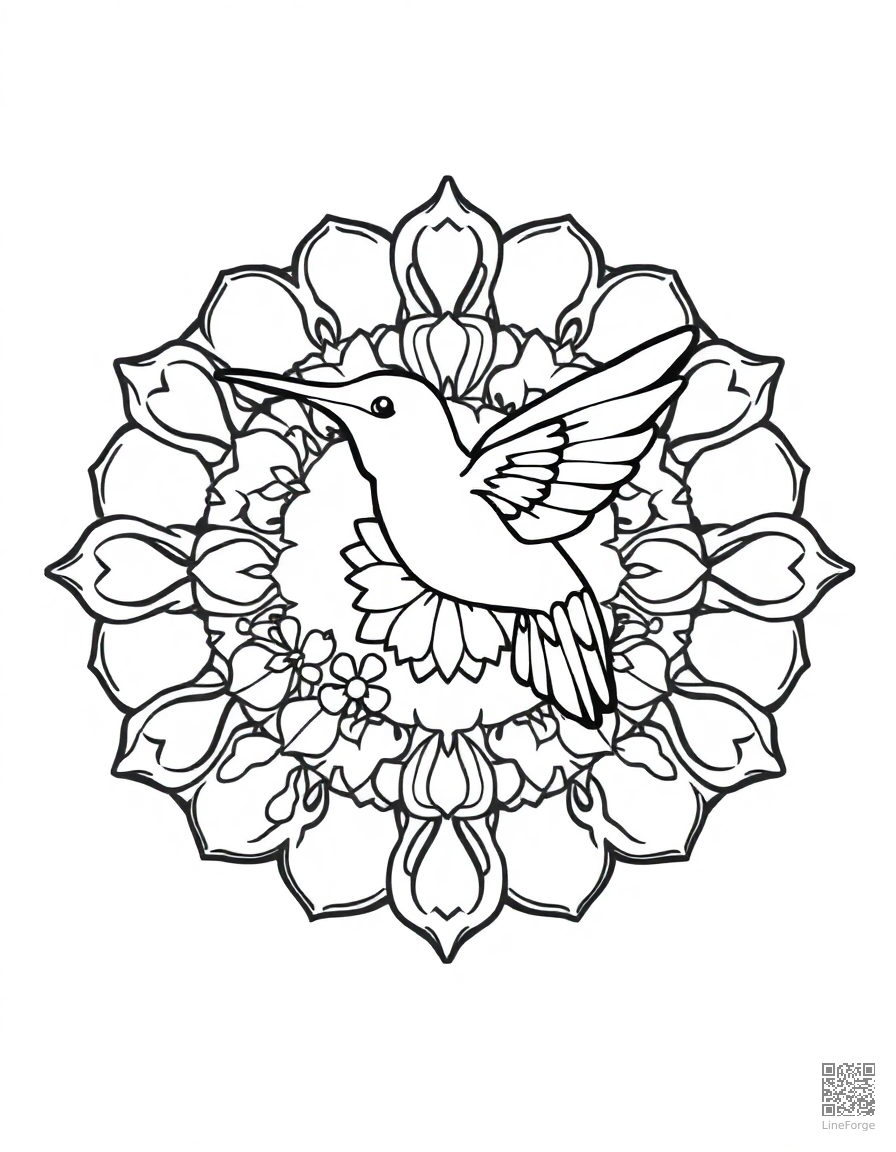 A mandala with hummingbird and flower motifs coloring page Minimal style - free printable