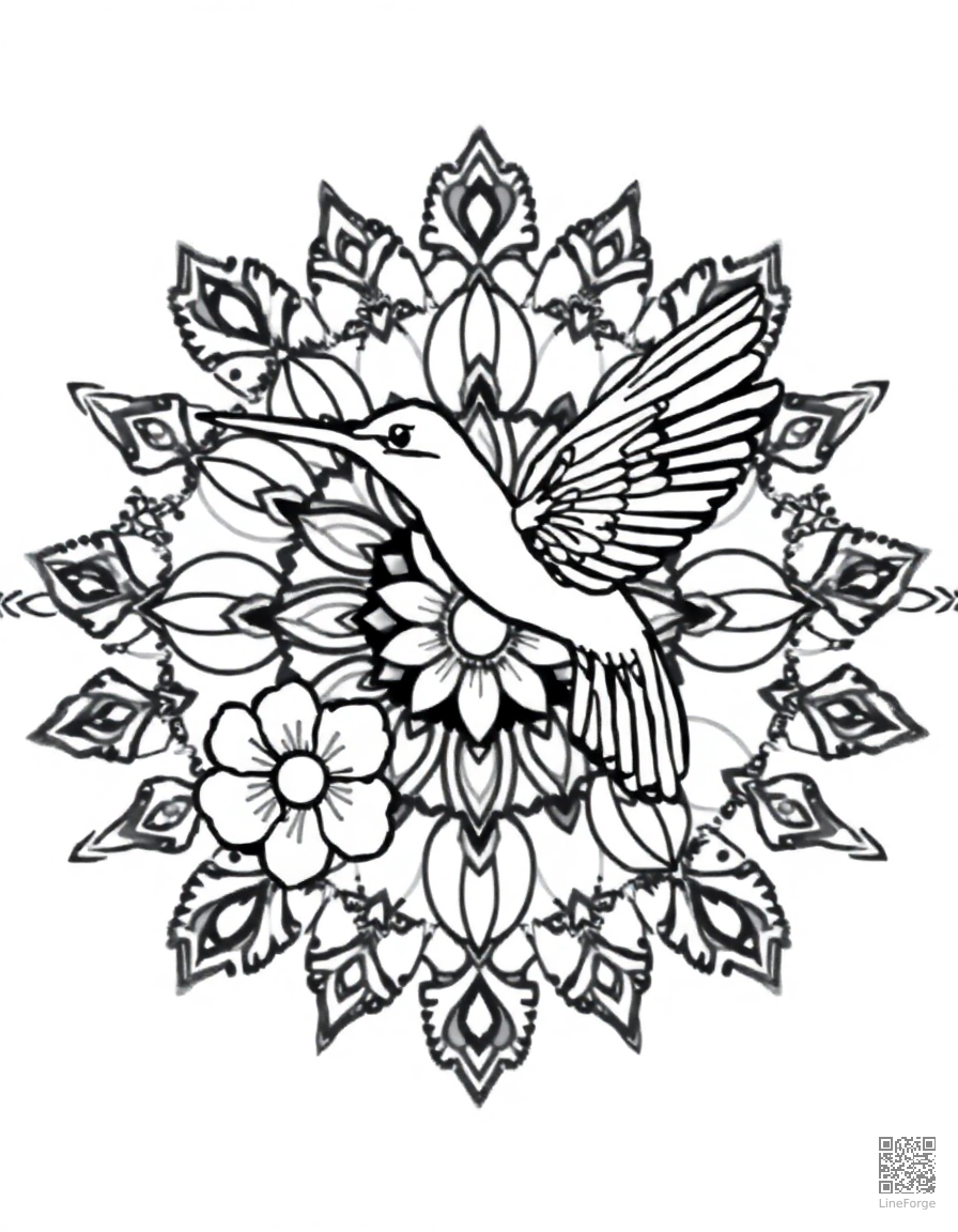 A mandala with hummingbird and flower motifs coloring page Stipple style - free printable
