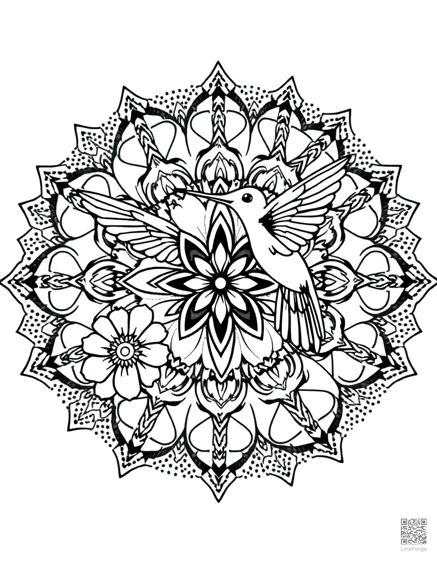 A mandala with hummingbird and flower motifs coloring page Stipple style - free printable