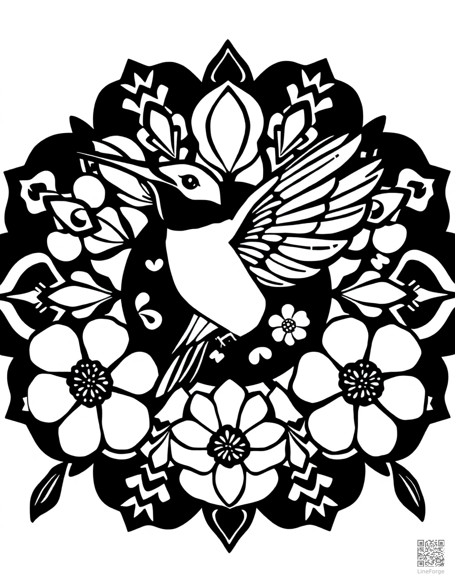 A mandala with hummingbird and flower motifs coloring page Woodcut style - free printable