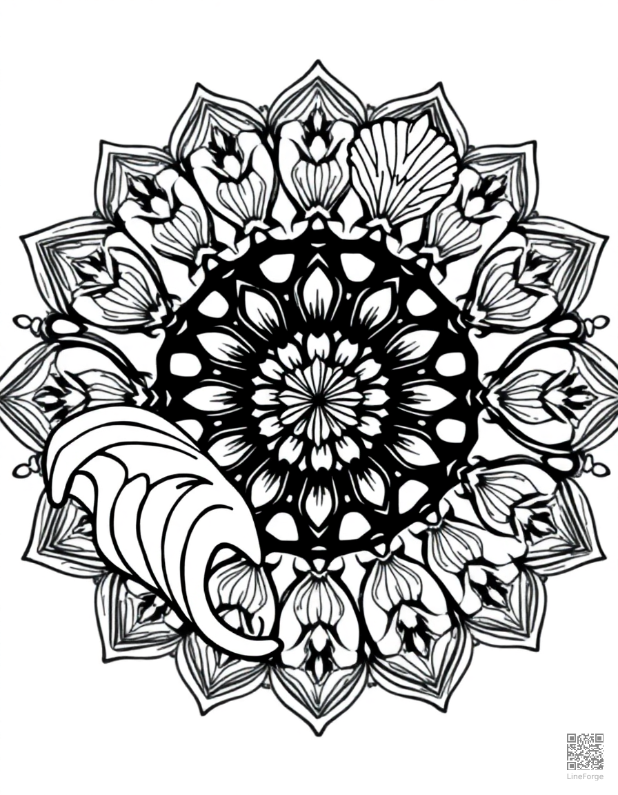 A mandala with ocean waves and seashell designs coloring page Contour style - free printable