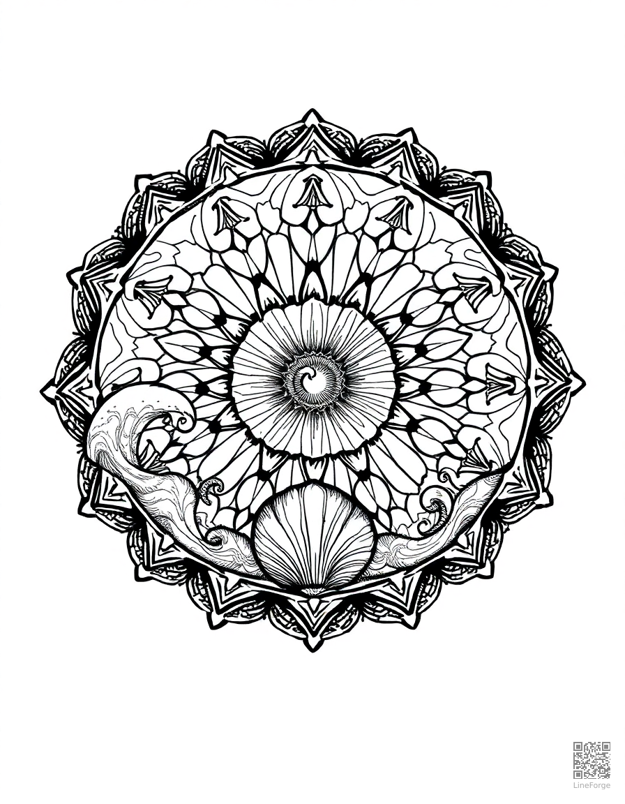 A mandala with ocean waves and seashell designs coloring page Crosshatch style - free printable