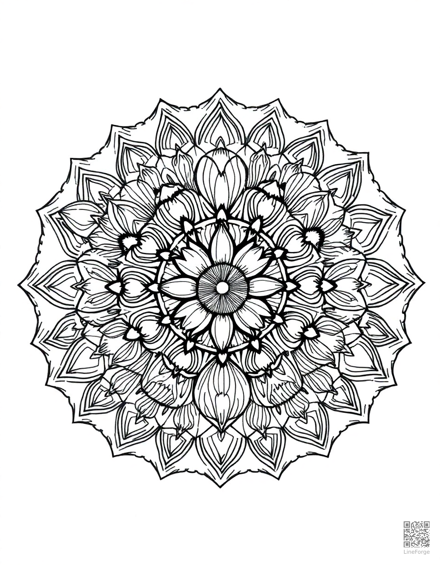 A mandala with ocean waves and seashell designs coloring page Crosshatch style - free printable