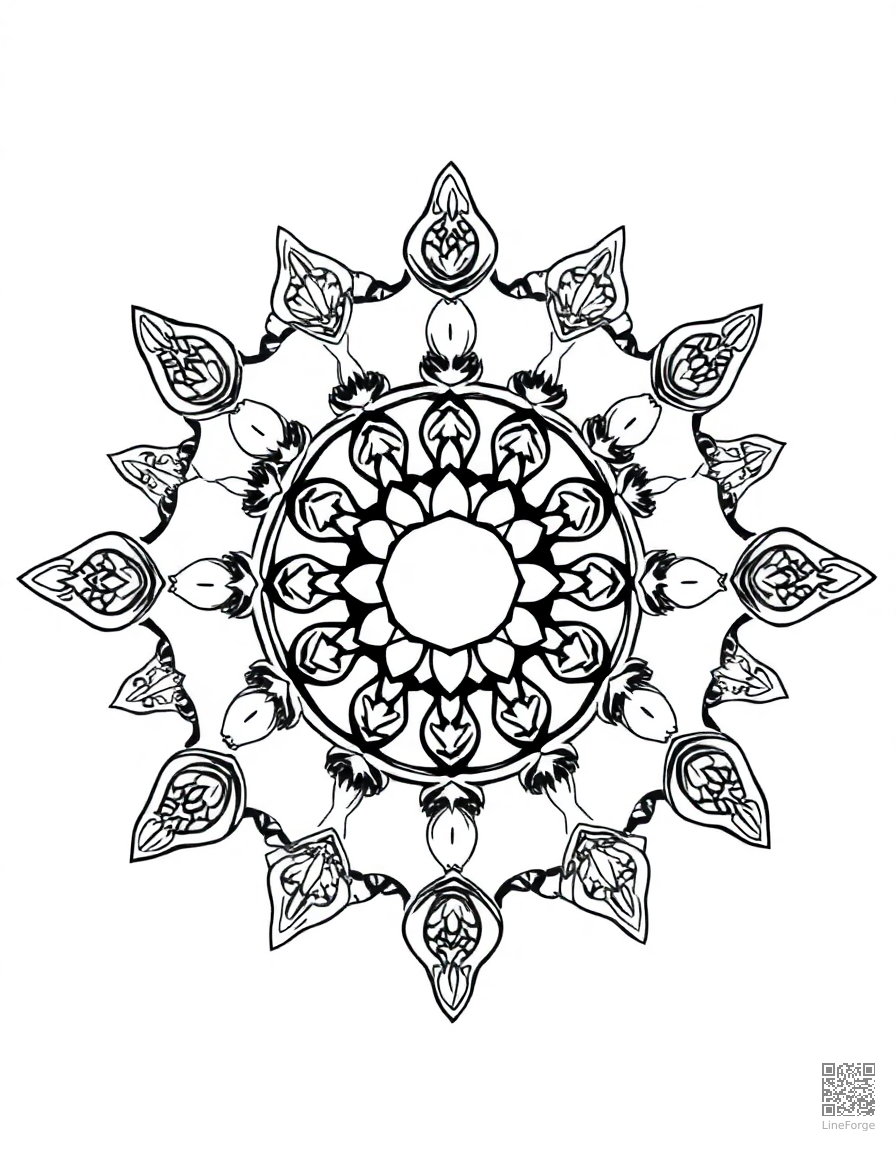 A mandala with ocean waves and seashell designs coloring page Manga style - free printable