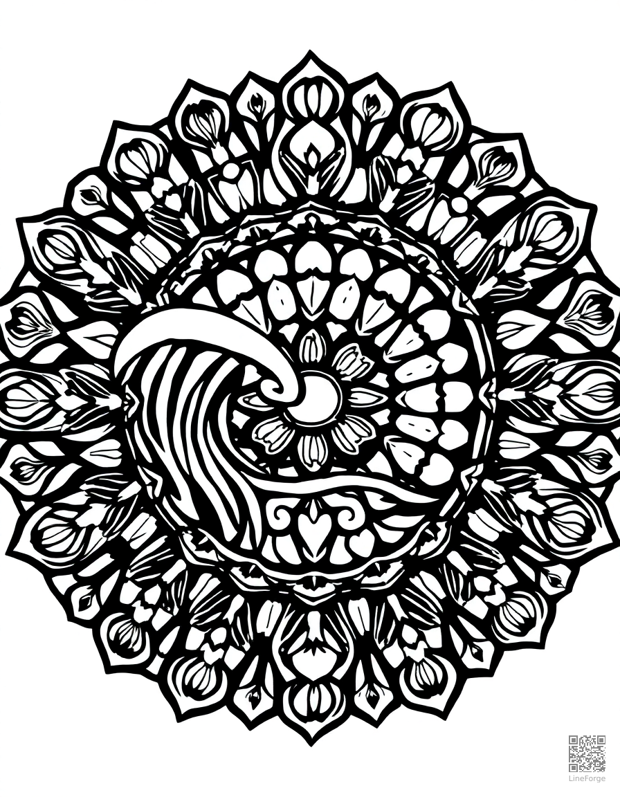 A mandala with ocean waves and seashell designs coloring page Woodcut style - free printable