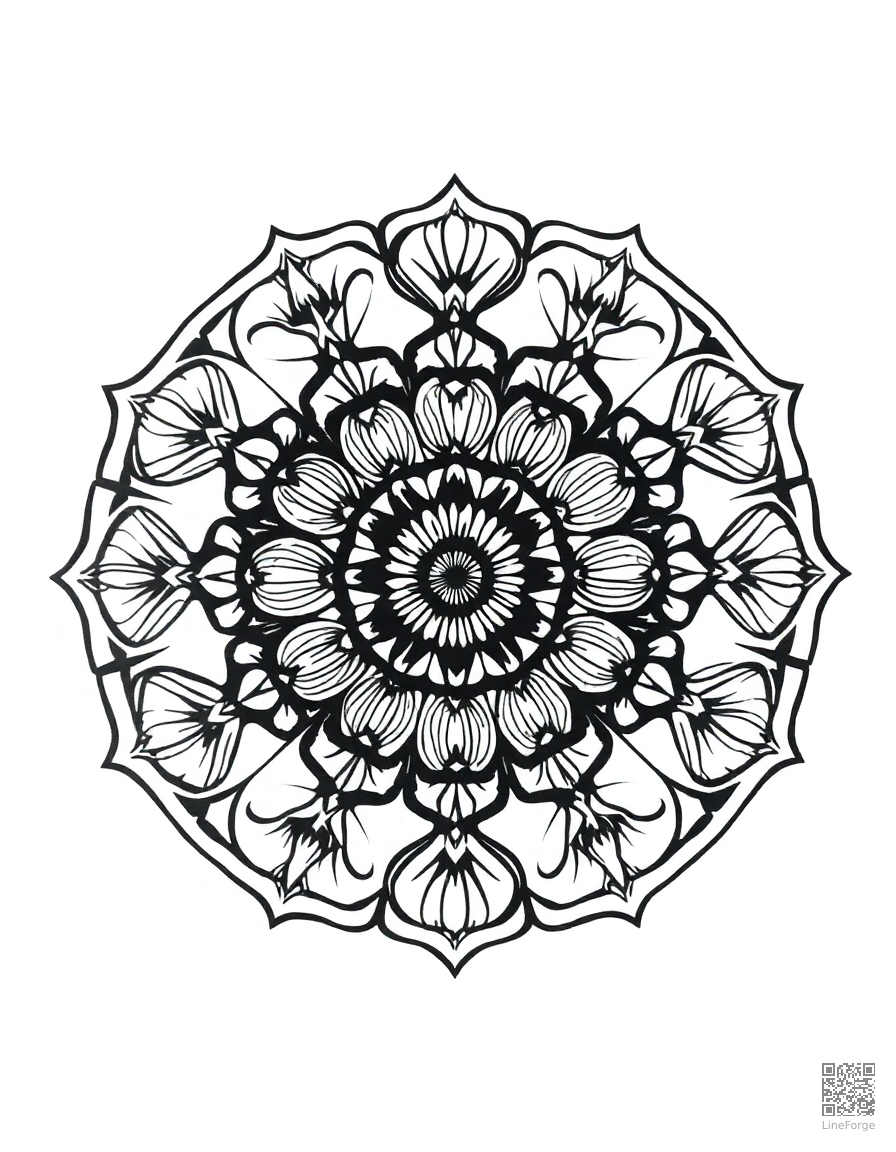 A mandala with ocean waves and seashell designs coloring page Woodcut style - free printable