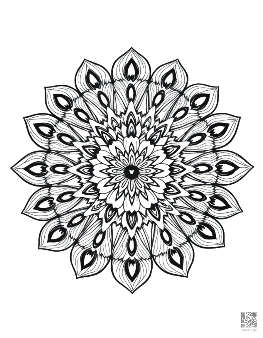 A mandala with peacock feather motifs coloring page Contour style - free printable