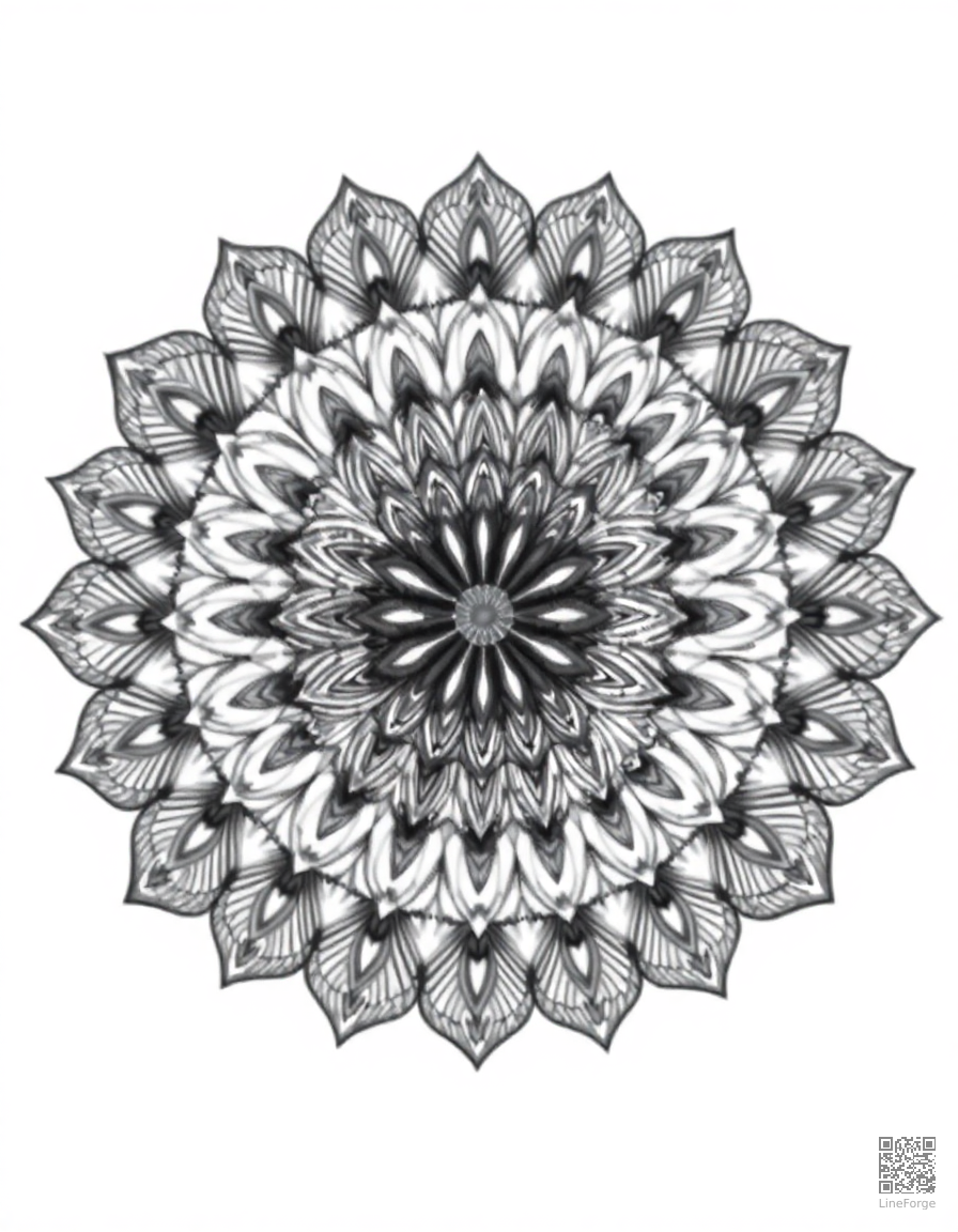 A mandala with peacock feather motifs coloring page Crosshatch style - free printable