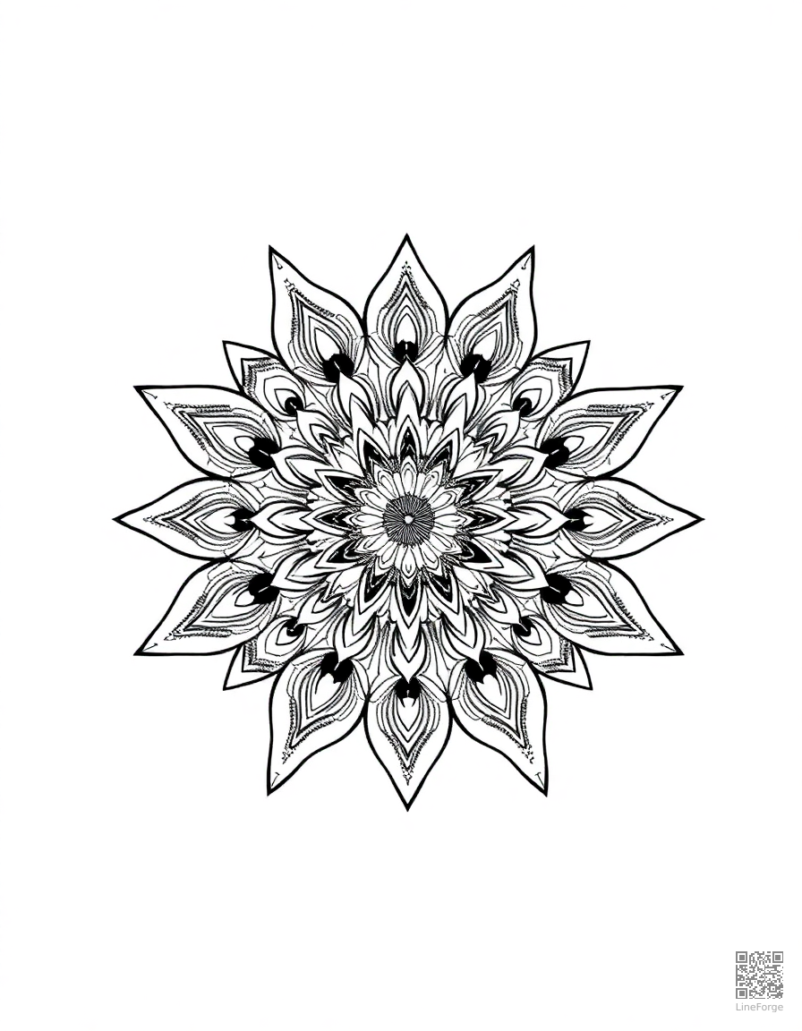 A mandala with peacock feather motifs coloring page Manga style - free printable