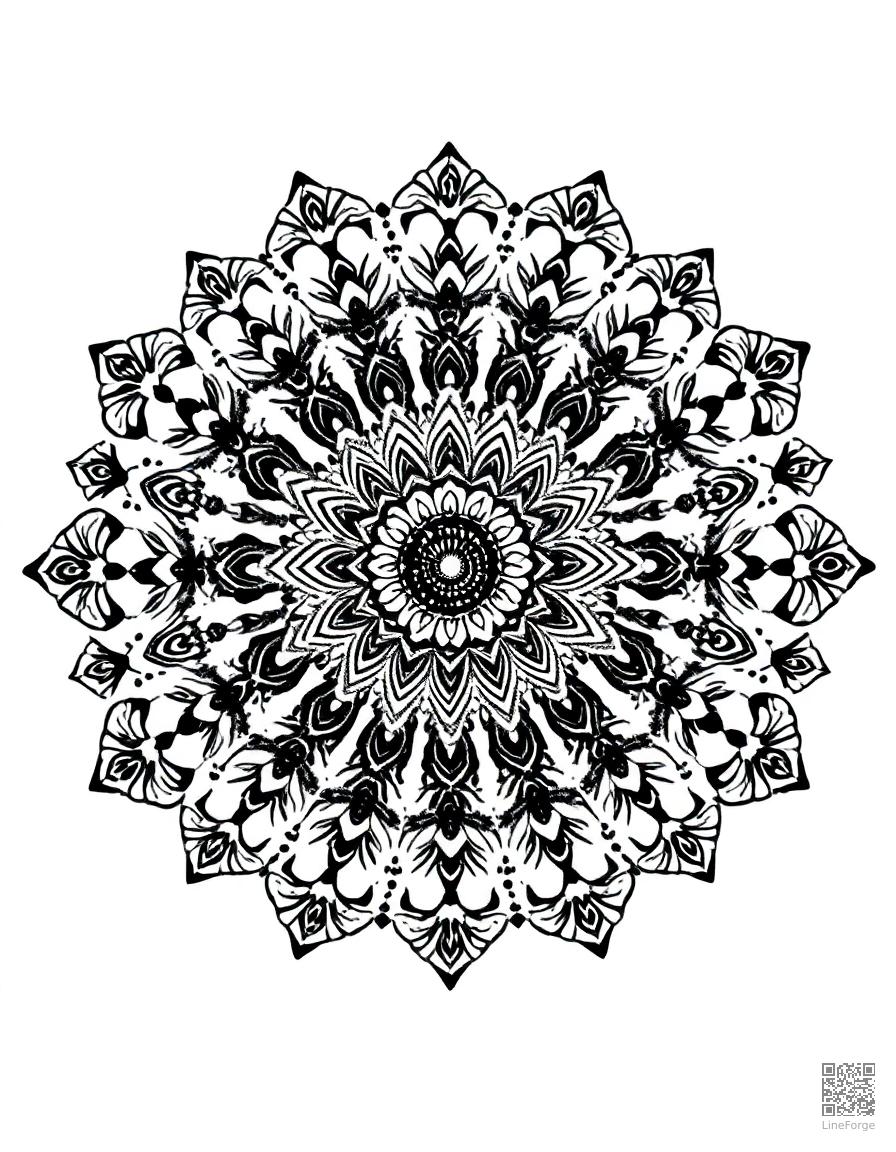 A mandala with peacock feather motifs coloring page Stipple style - free printable