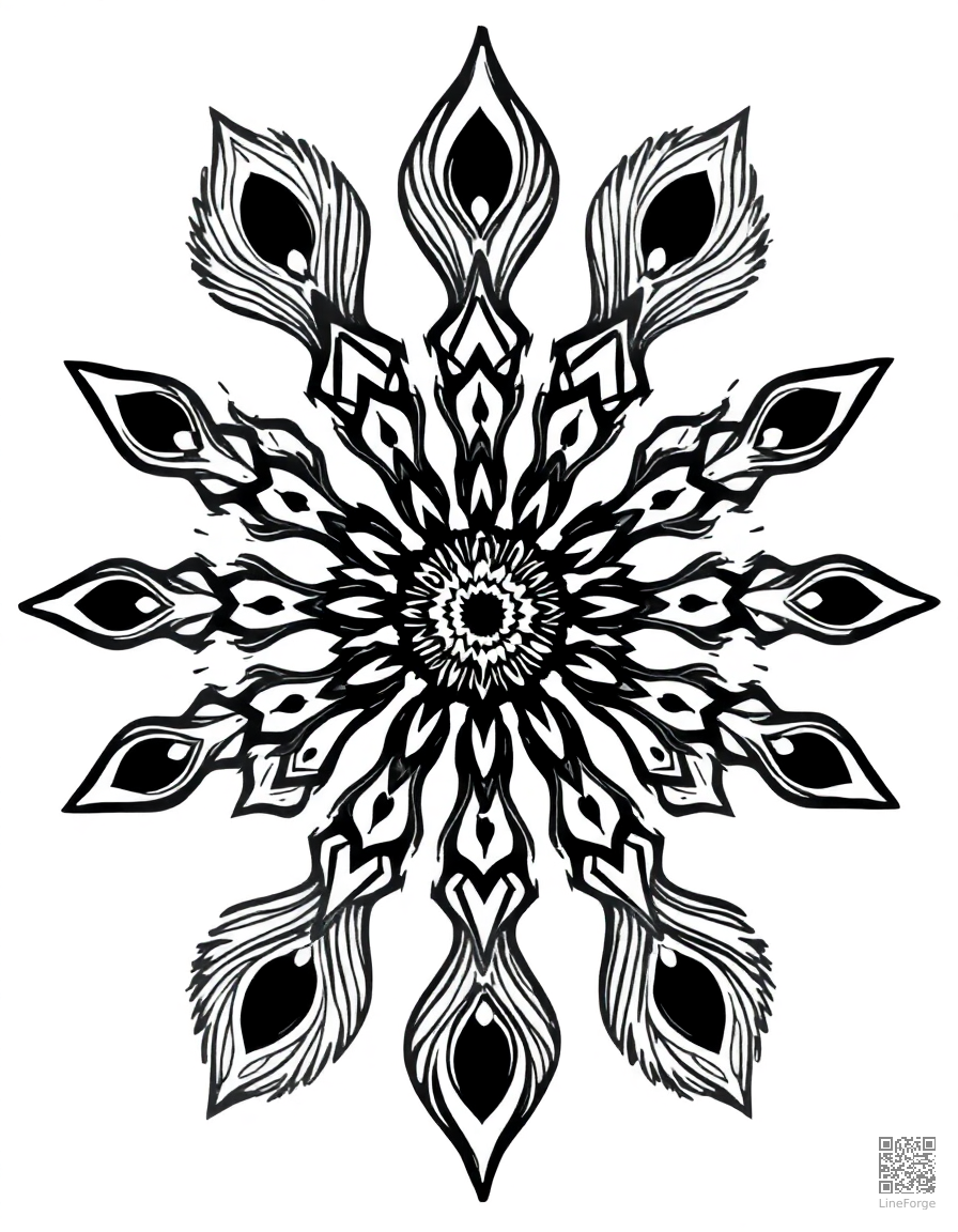 A mandala with peacock feather motifs coloring page Woodcut style - free printable