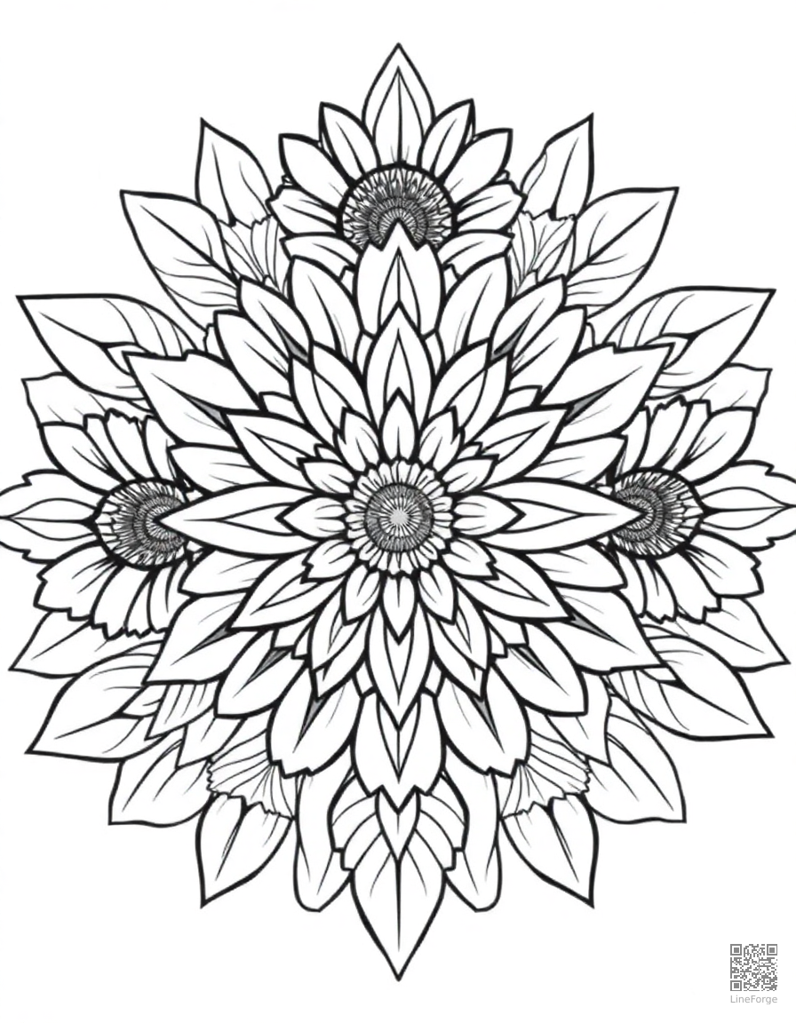 Free a mandala with sunflower and leaf patterns coloring page in contour style — printable line art
