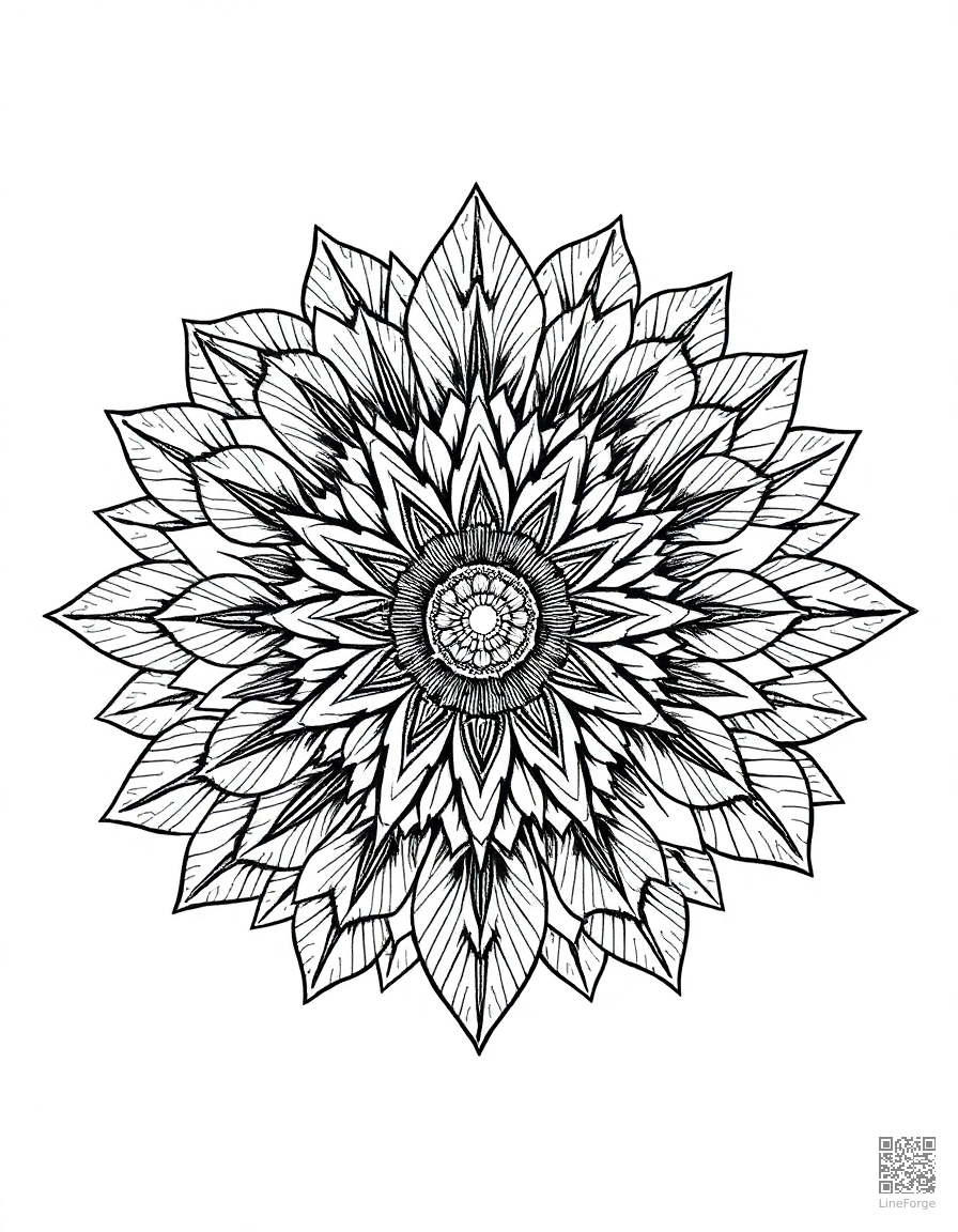 A mandala with sunflower and leaf patterns coloring page Crosshatch style - free printable