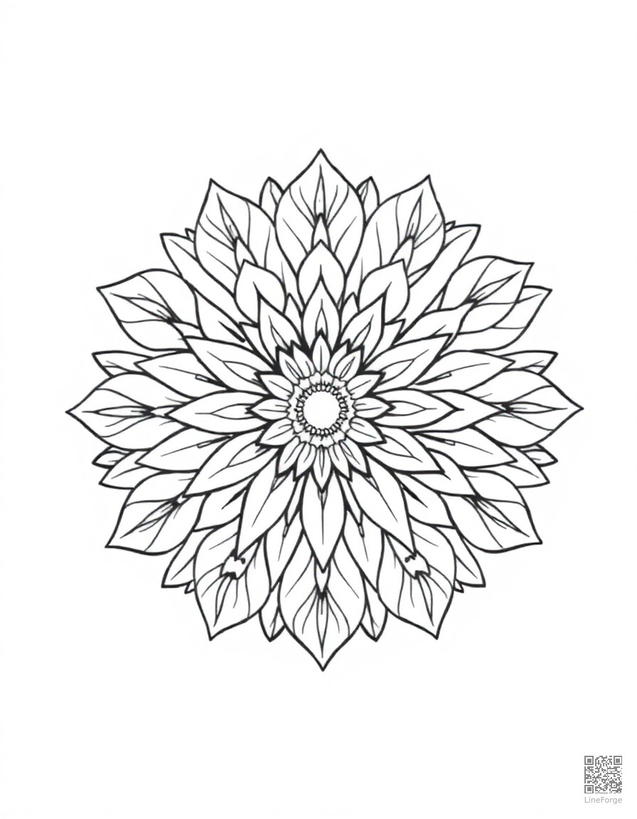 Free a mandala with sunflower and leaf patterns coloring page in minimal style — printable line art