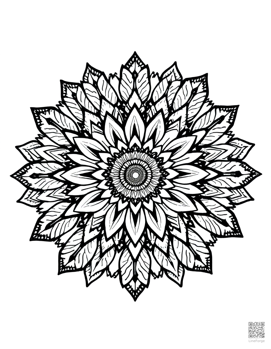 A mandala with sunflower and leaf patterns coloring page Stipple style - free printable