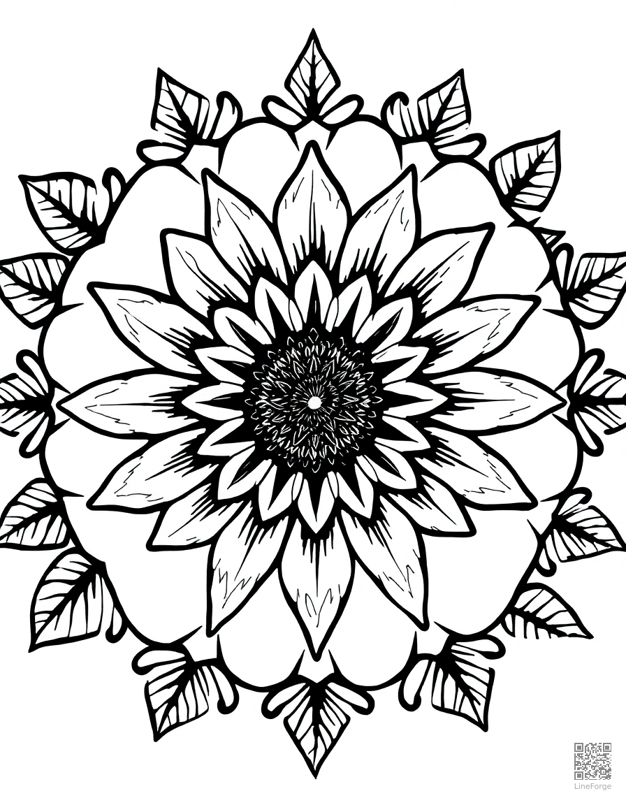 A mandala with sunflower and leaf patterns coloring page Woodcut style - free printable