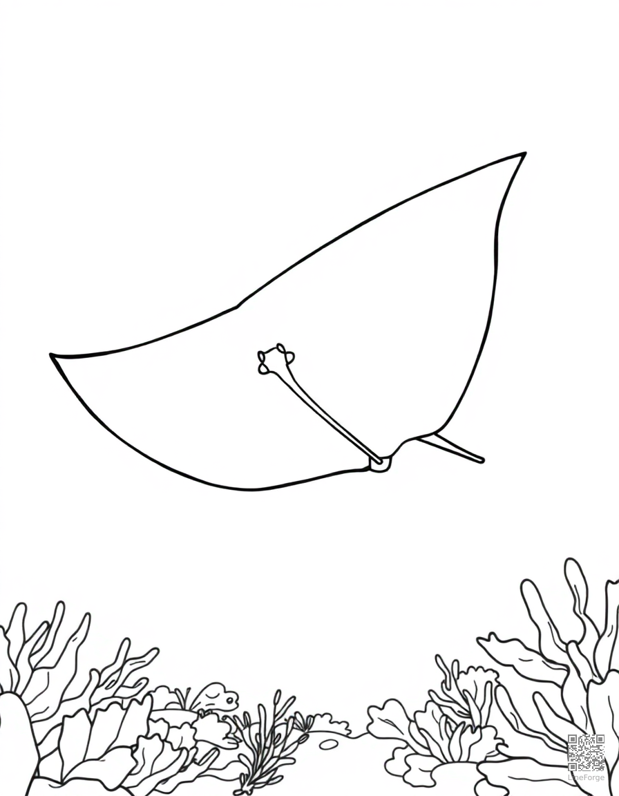 A manta ray gliding over the ocean floor coloring page Contour style - free printable