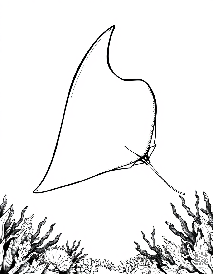 A manta ray gliding over the ocean floor coloring page Crosshatch style - free printable