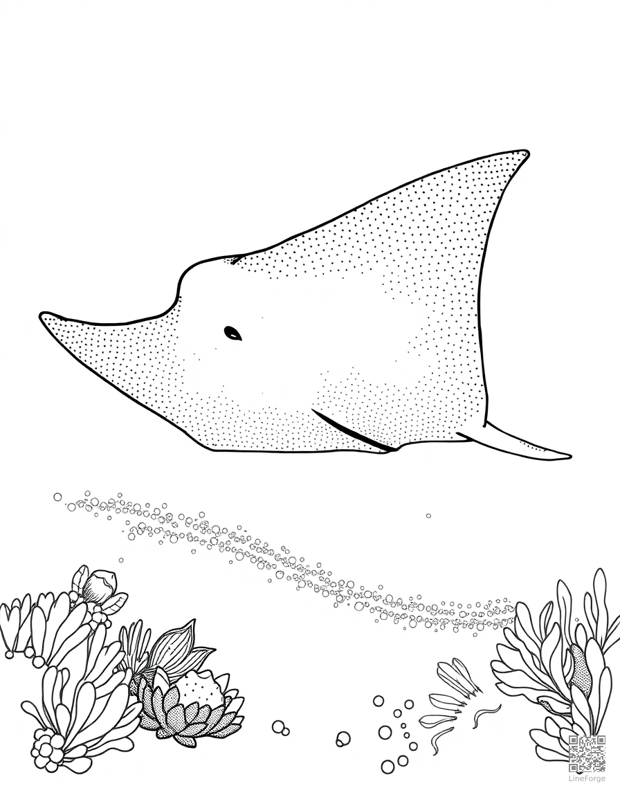 A manta ray gliding over the ocean floor coloring page Stipple style - free printable