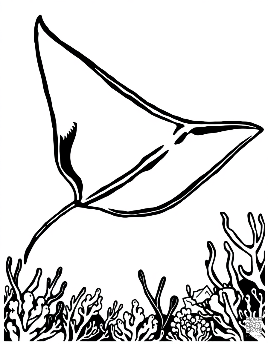 A manta ray gliding over the ocean floor coloring page Woodcut style - free printable