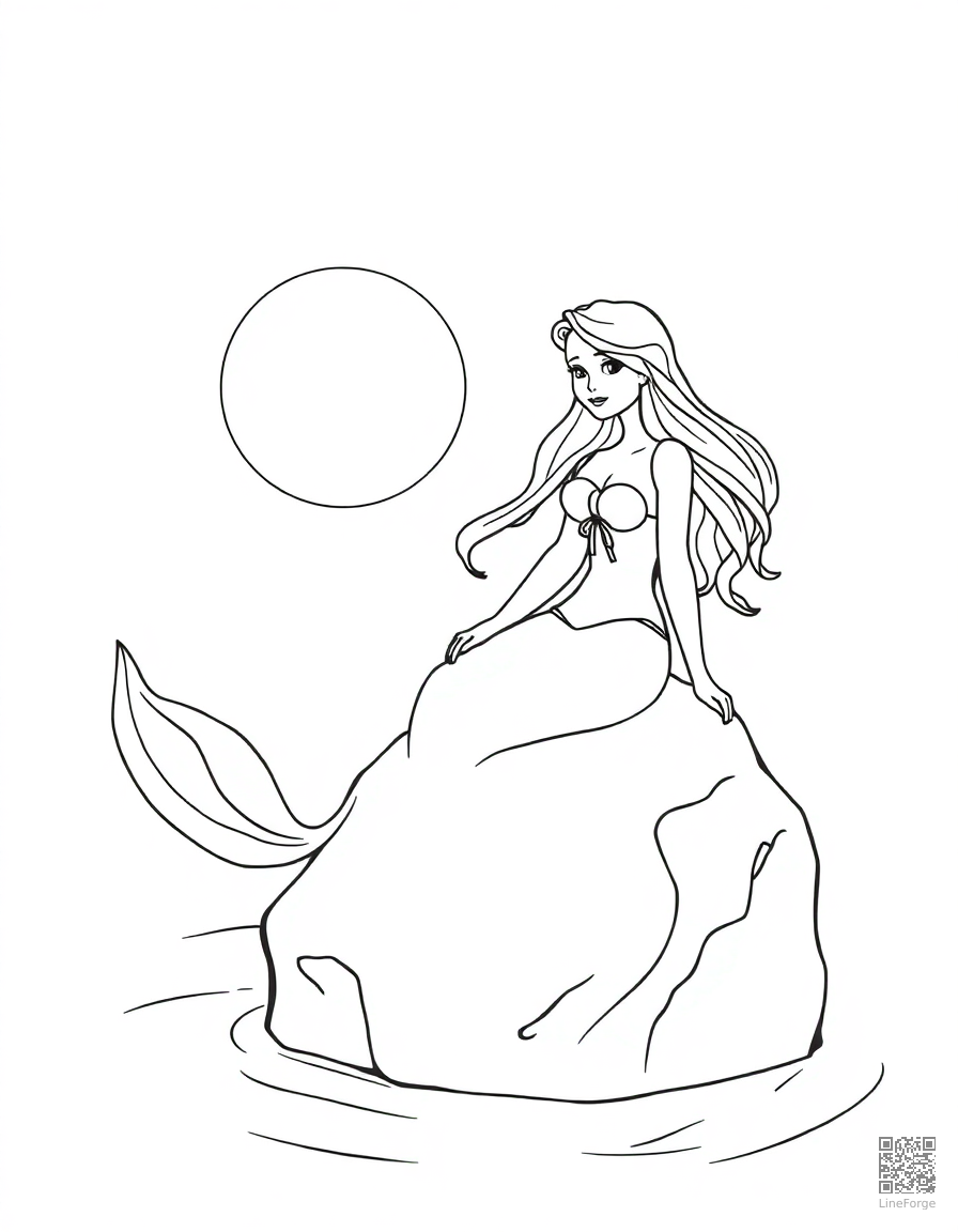 A mermaid sitting on a rock in a moonlit cove coloring page Contour style - free printable